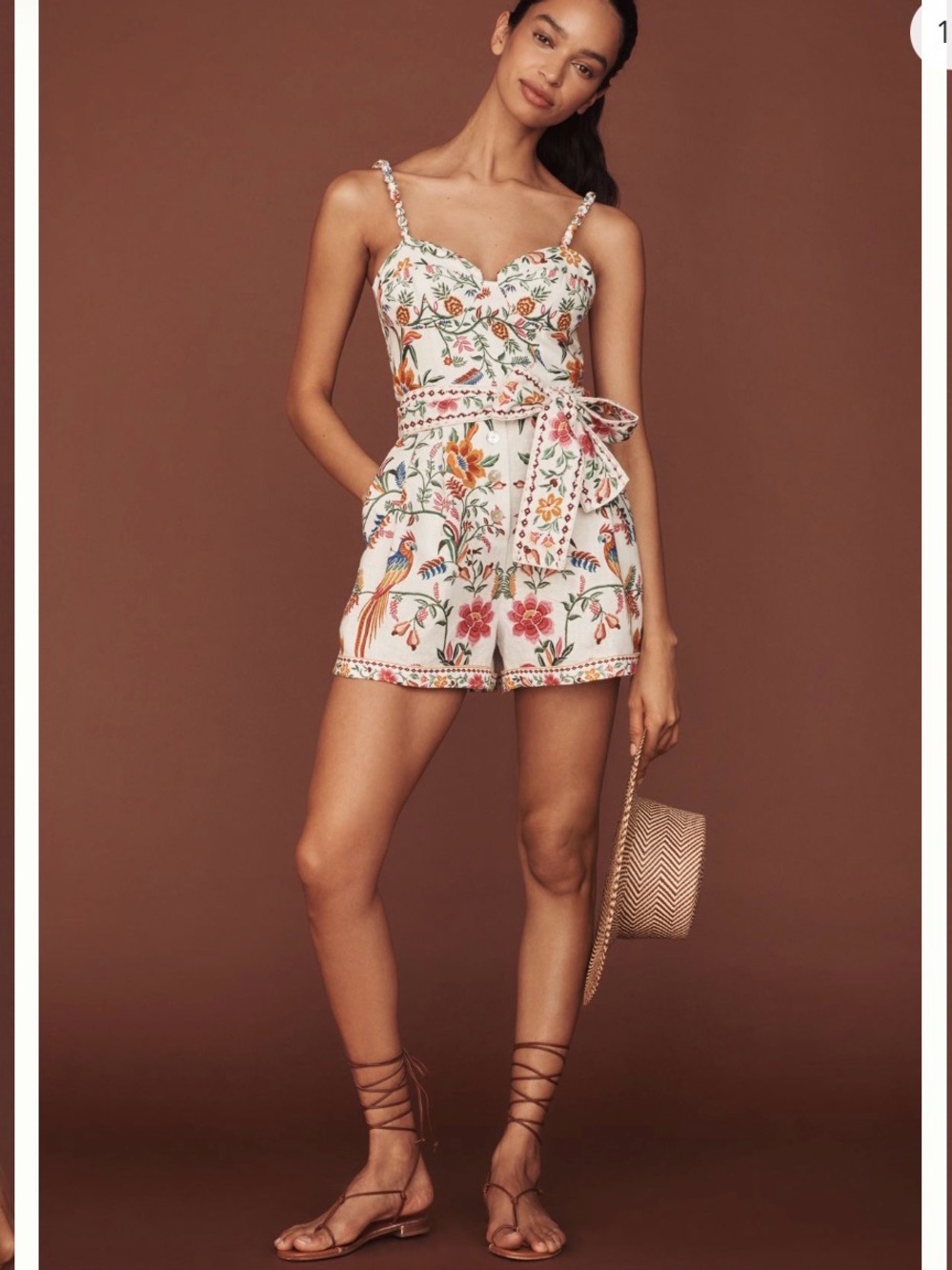 Farm Rio Sweetheart belted linen romper